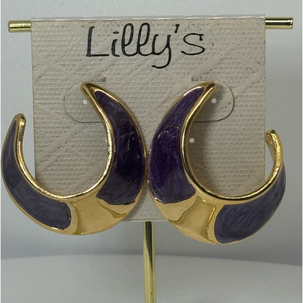 Vintage Unique Gold and Purple Crescent Hoop Earrings NWT